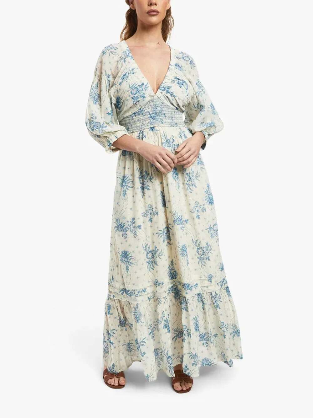 Free People Golden Hour Maxi Dress Size M Blue Floral Bohemian
